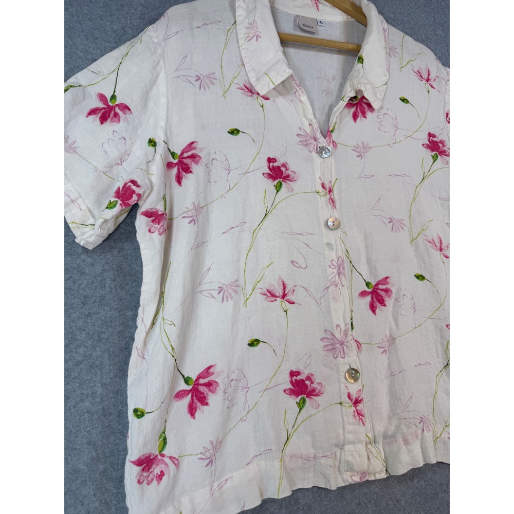 Large Linen Floral Blouse Cottagecore 100% Linen Pearl Button Top